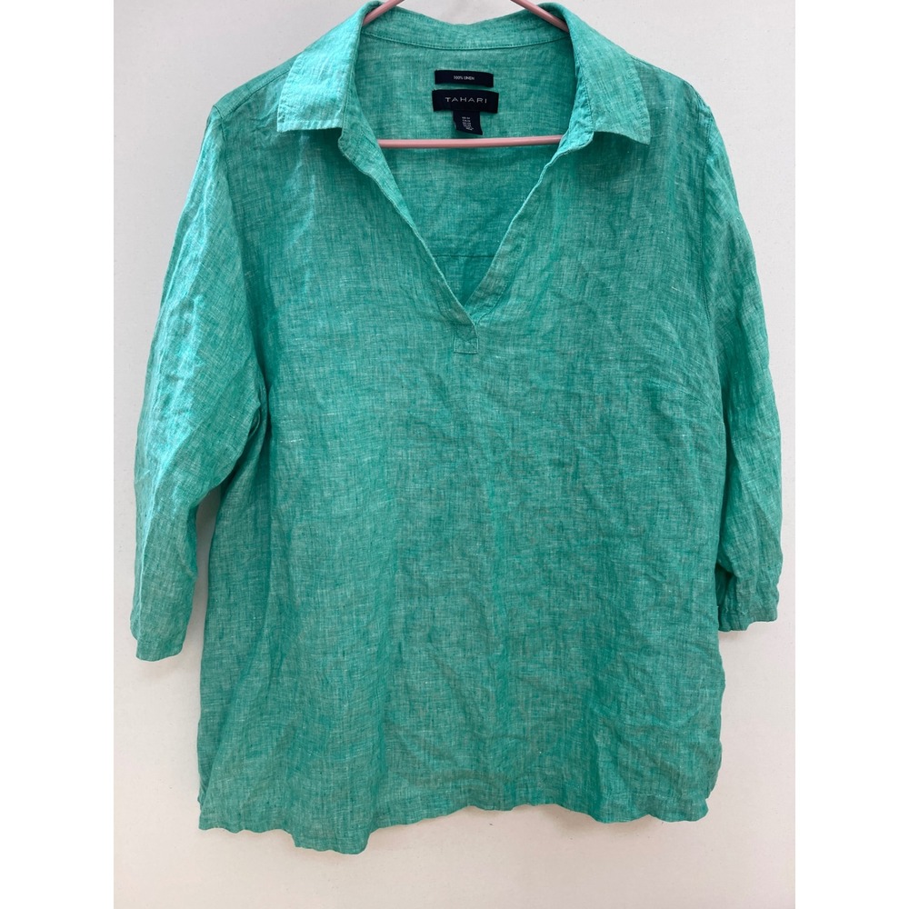 Tahari Womens 1X Linen Tunic Top Teal Green 3/4 Sleeve Button Side Vent Blouse